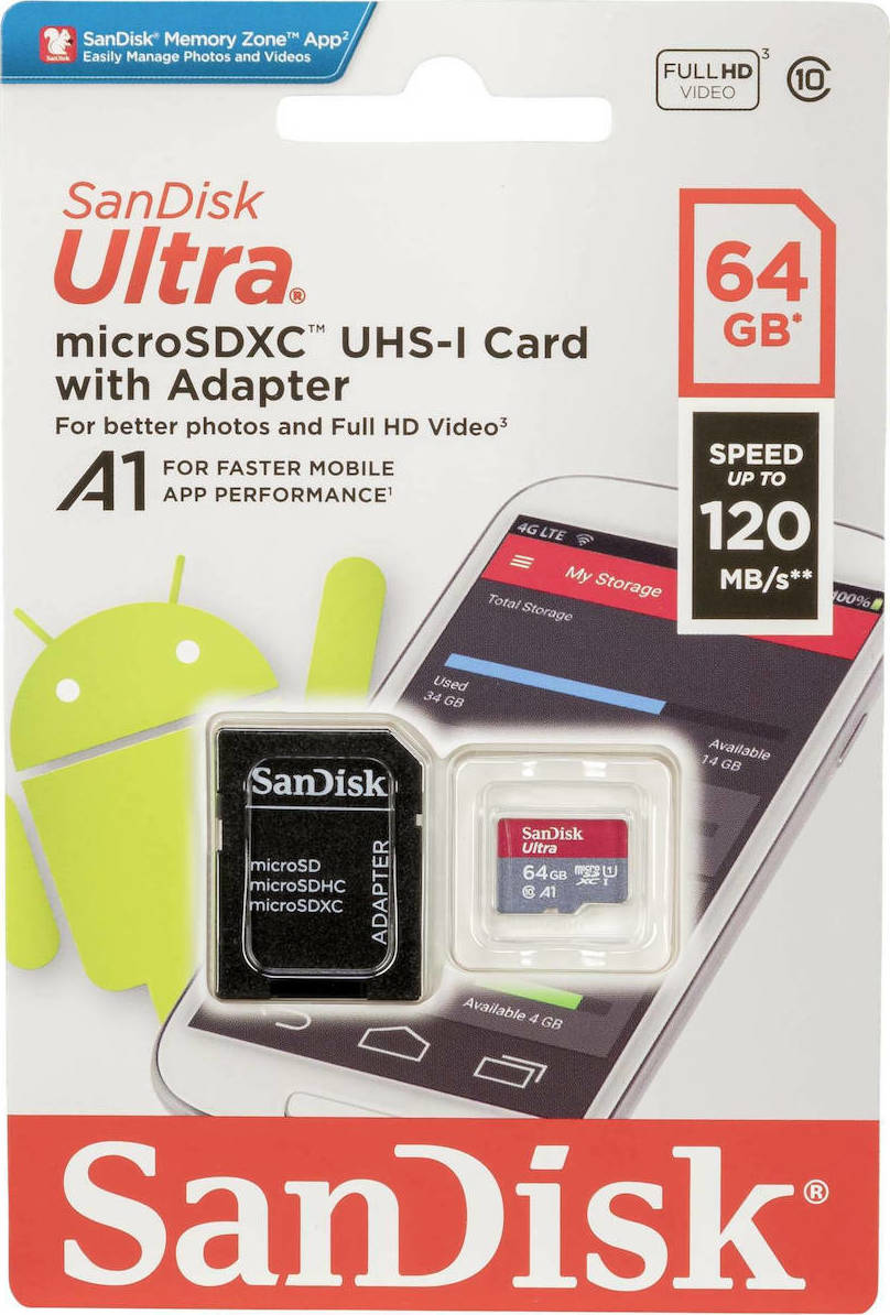 Memorijska kartica microSDXC SanDisk Ultra Android A1, 64Gb, Klasa 10 / UHS-1 U1, Sa adapterom SDSQUAB-064G-GN6MA