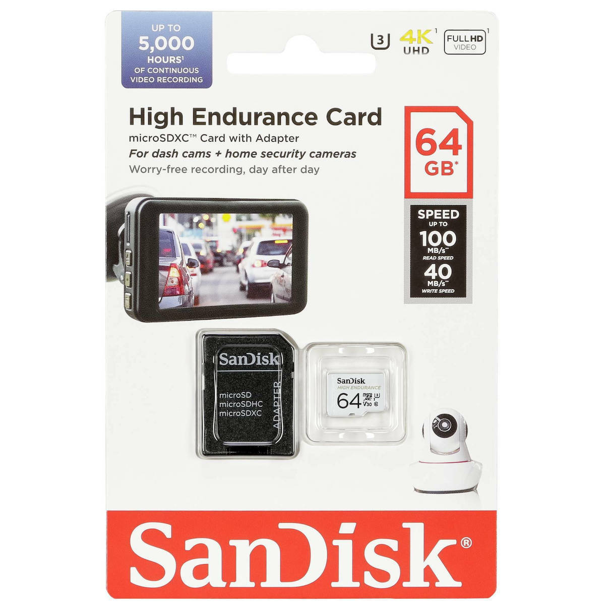 Memorijska kartica microSDXC SanDisk High Endurance, 64Gb, Klasa 10 / UHS-1 U3, Sa adapterom SDSQQNR-064G-GN6IA