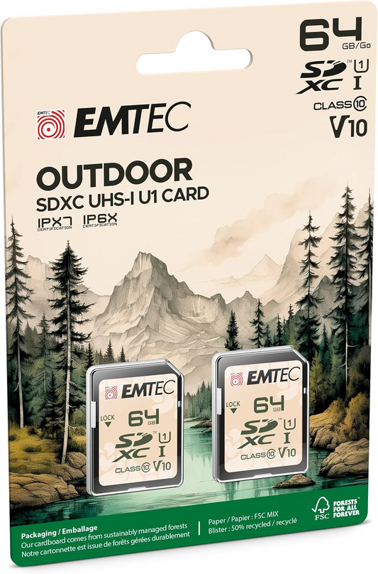 SDXC memorijska kartica Emtec Rugged Outdoor, 64Gb, Klasa 10 / UHS-1 U1, Set 2 komada ECMSD64GXCU1ORP2