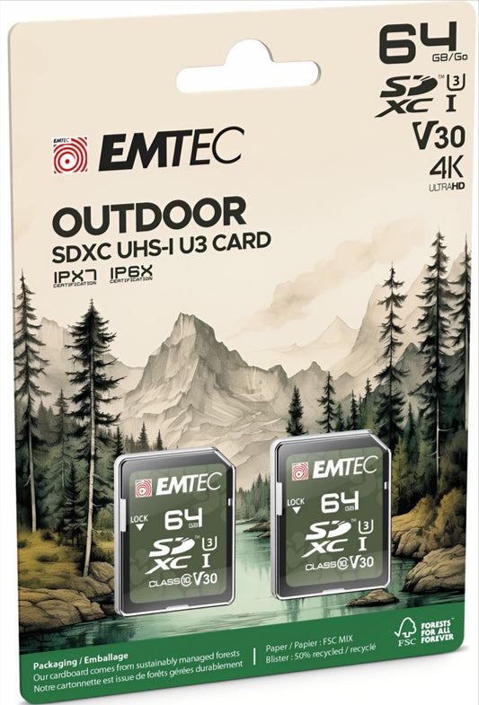 SDXC memorijska kartica Emtec Rugged Outdoor, 64Gb, Klasa 10 / UHS-1 U3, Set 2 komada ECMSD64GXCU3ORP