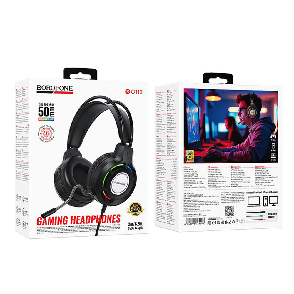 Gejmerske slušalice 3.5mm Borofone BO112 Wave, RGB, 2m, Crne