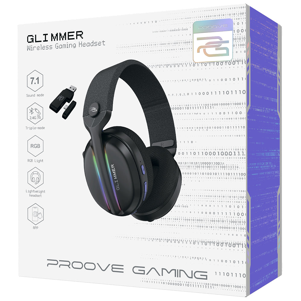 Slušalice za igranje Proove Glimmer, bežične, RGB, BT / Wi-Fi / sa kablom, crne WHGL00022001