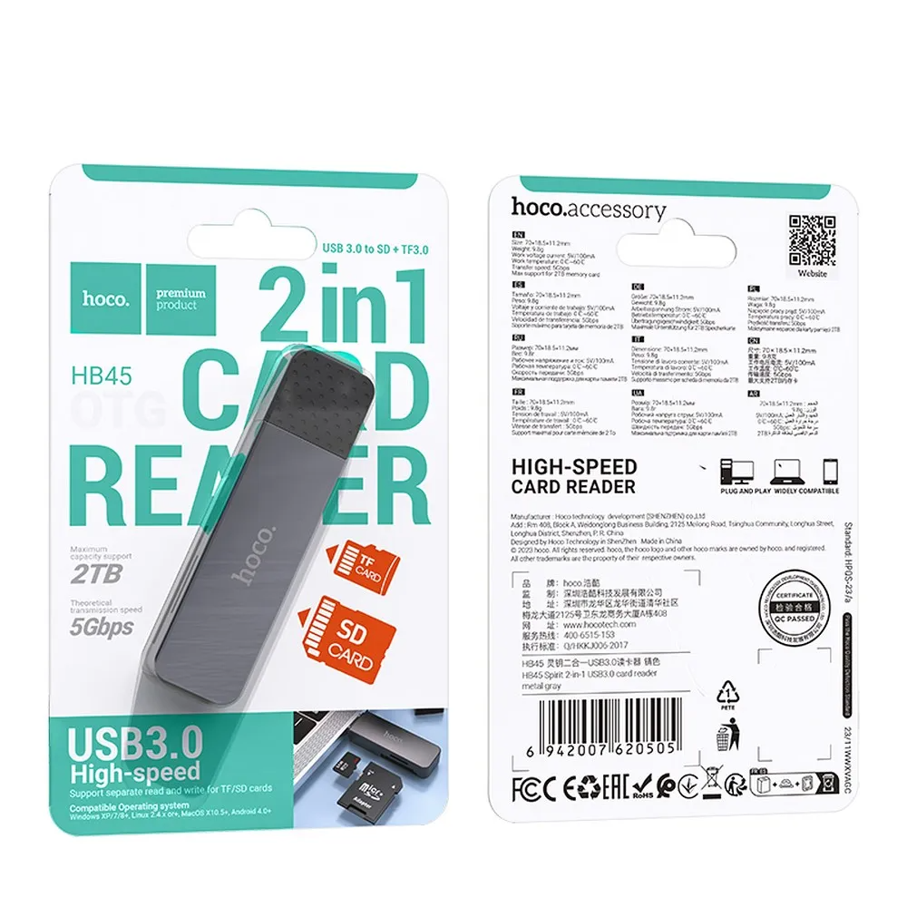 Čitač kartica USB 3.0 HOCO HB45, SD - microSD, Sivi