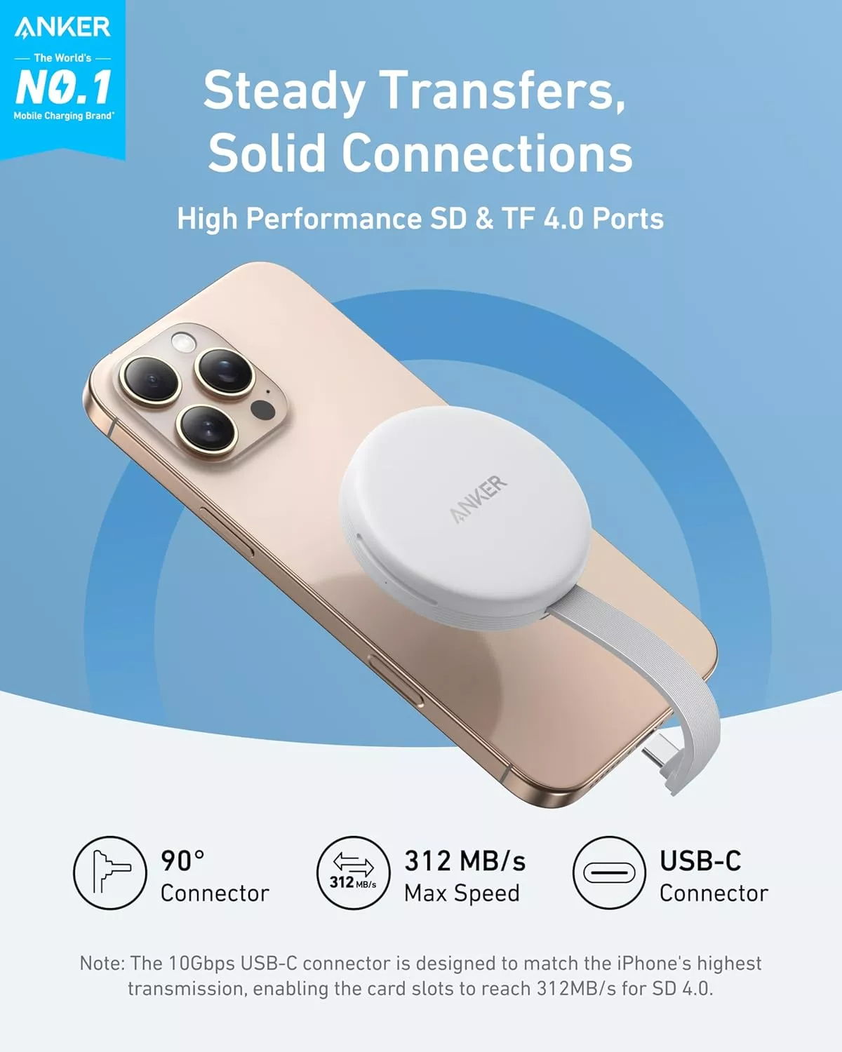Čitač kartica USB-C Anker MagGo za Apple iPhone USB-C, SD - microSD, Beli A83D1G21