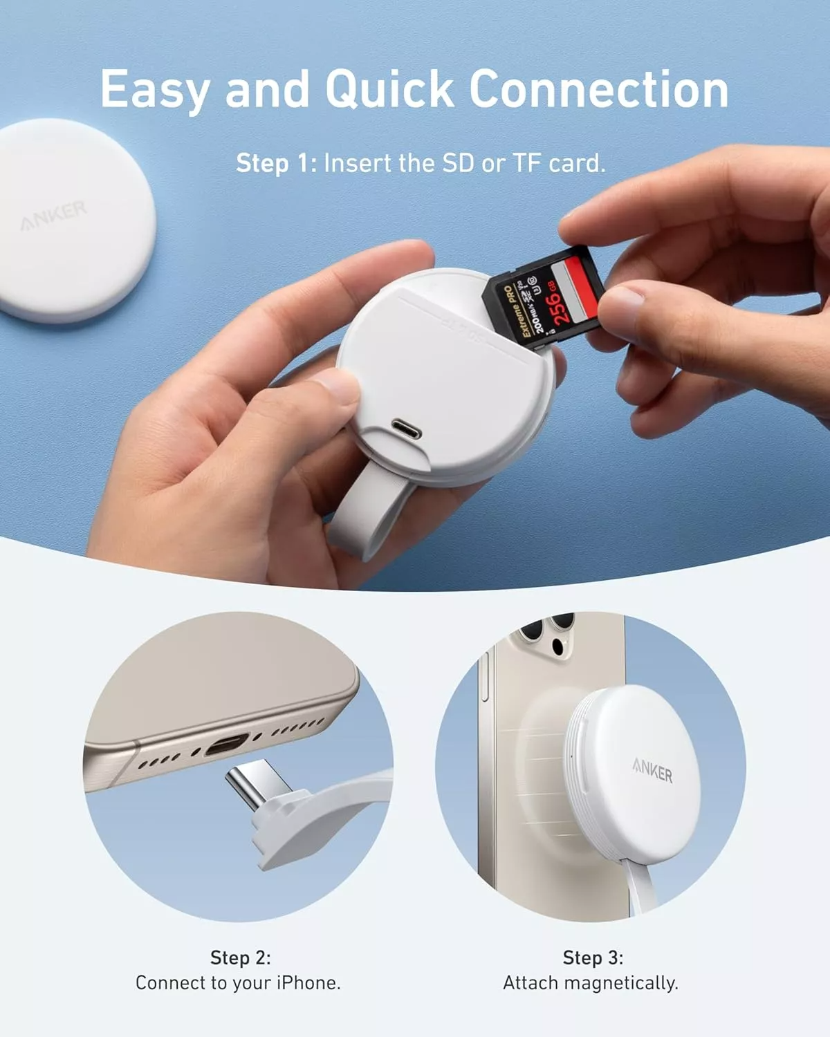 Čitač kartica USB-C Anker MagGo za Apple iPhone USB-C, SD - microSD, Beli A83D1G21