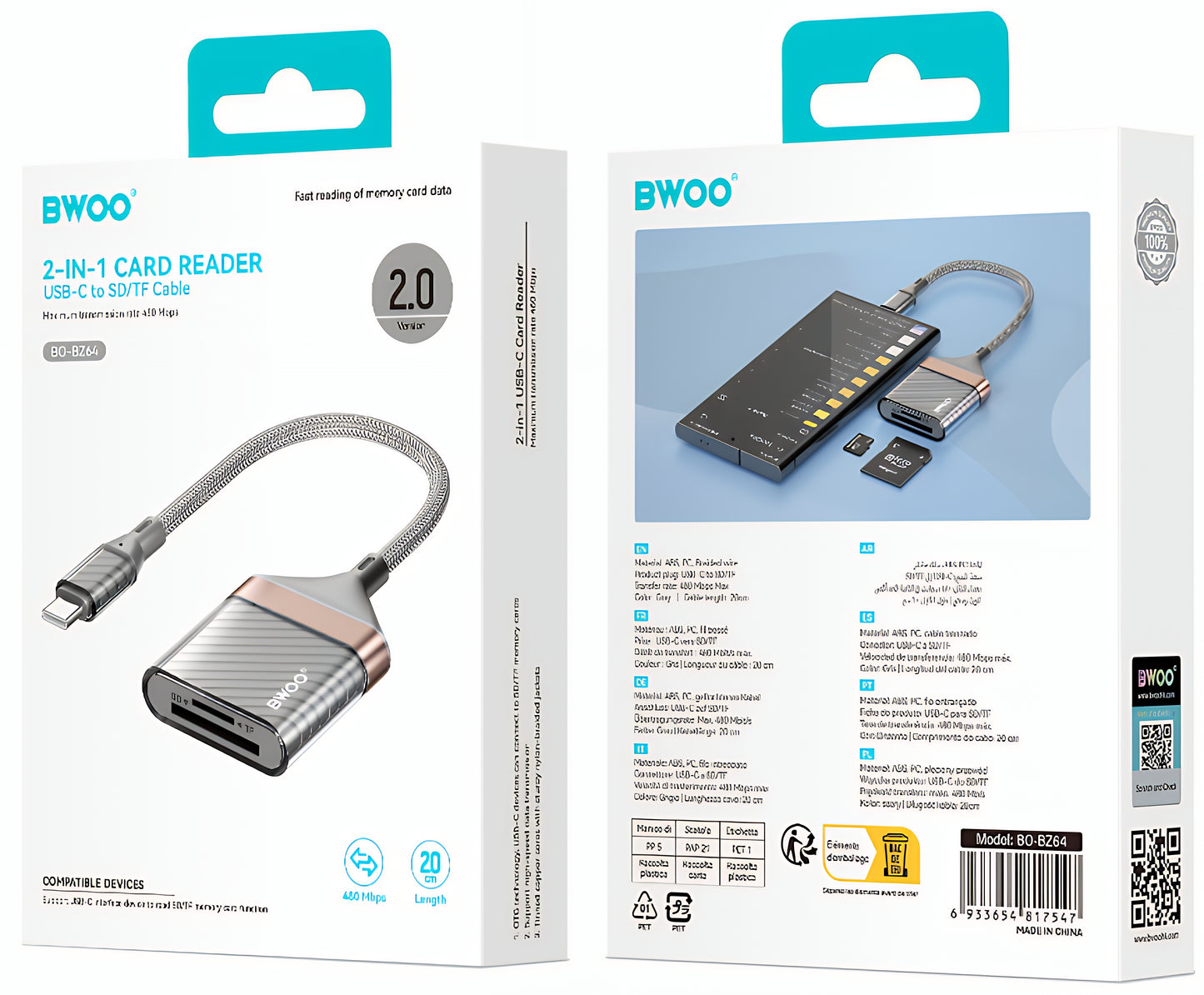 Čitač kartica USB-C BWOO BZ64, SD - microSD, Siva