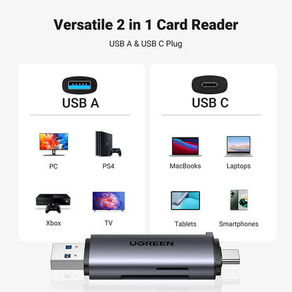 Čitač kartica USB / USB-C UGREEN CM185, SD - microSD, Sivi