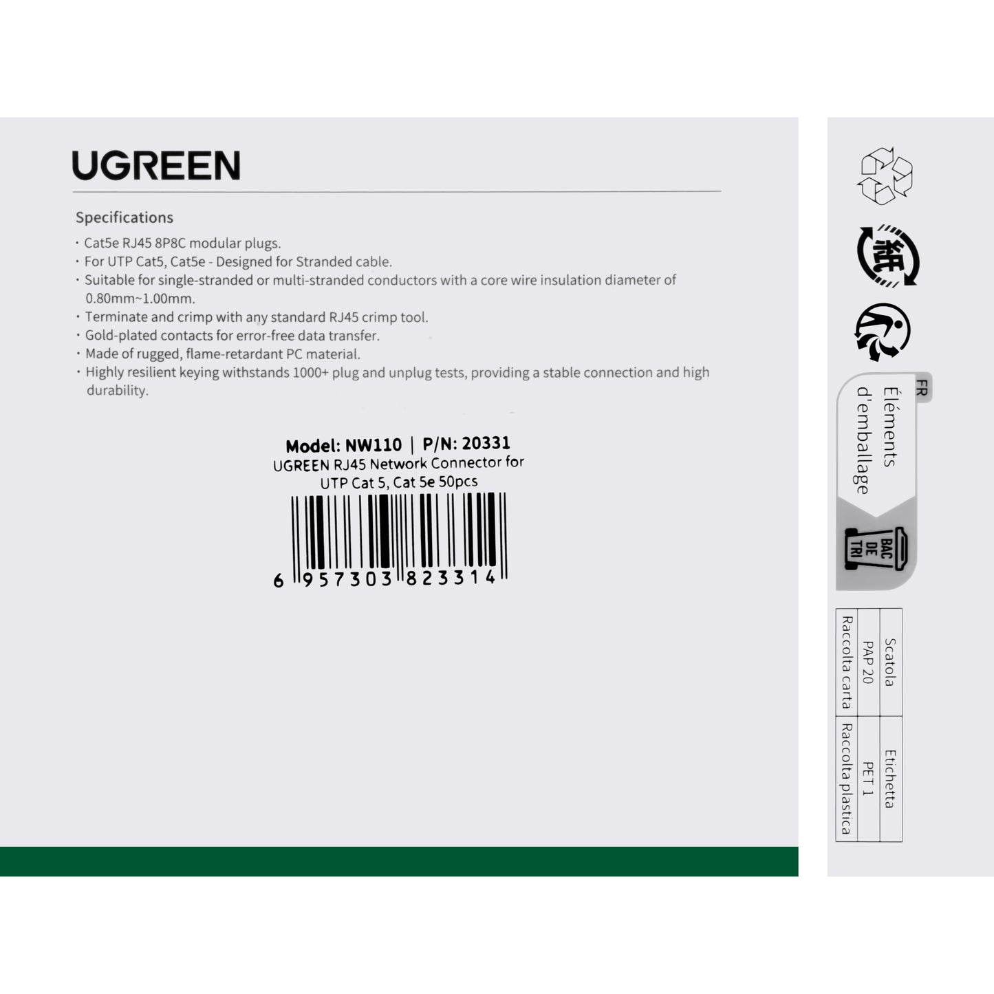 Konektor Mreže UGREEN NW110, RJ45, Cat5, Set 50 komada