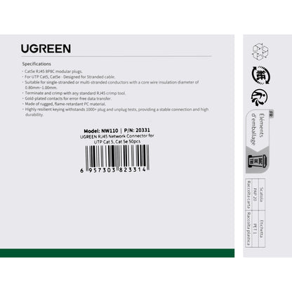 Konektor Mreže UGREEN NW110, RJ45, Cat5, Set 50 komada