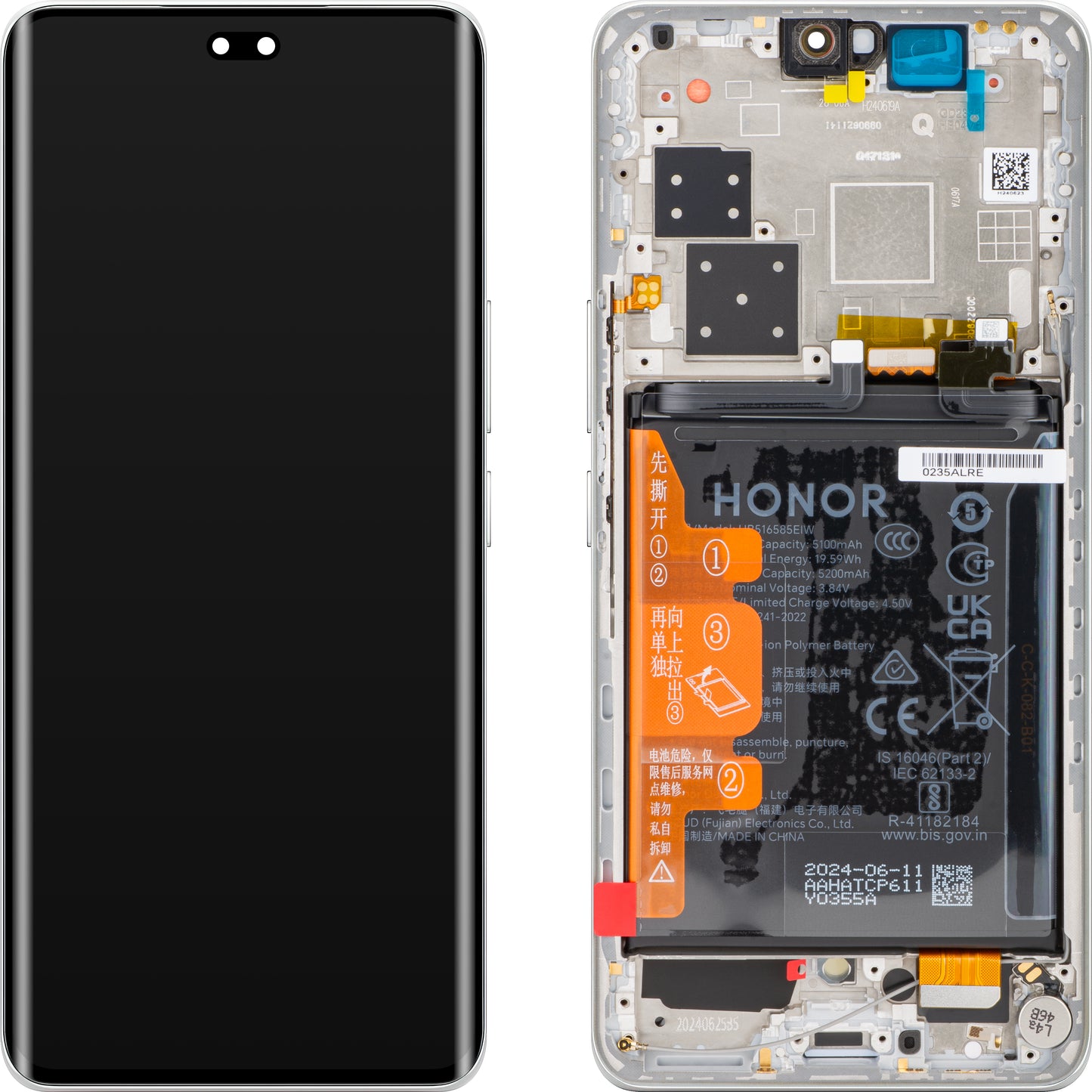 Display s dodirnim zaslonom Honor 200 Pro, s okvirom, srebrni (Moonlight White), servisni paket 0235ALRF
