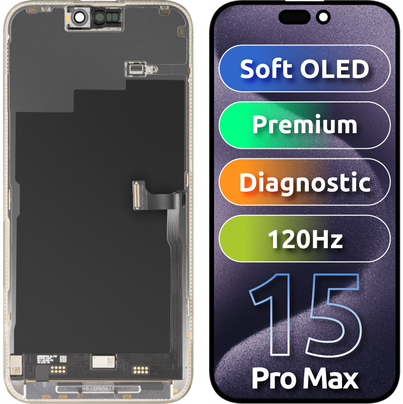 Ekran sa Touchscreen MP kompatibilan sa Apple iPhone 15 Pro Max, sa Ramom, Premium Soft OLED FHD 120Hz Dijagnostika, Crna, Ponovo zapečaćeno