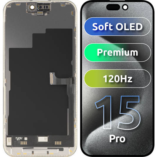Ekran sa Touchscreen MP kompatibilan sa Apple iPhone 15 Pro, sa Ramom, Verzija Premium Soft OLED FHD 120Hz, Crna