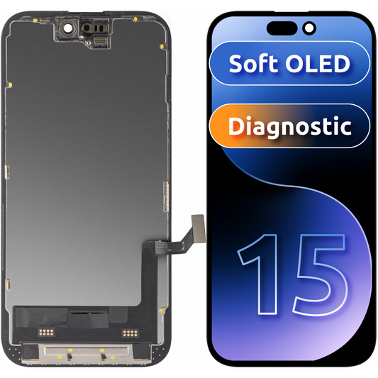 Display sa Touchscreen MP kompatibilan sa Apple iPhone 15, sa Ramom, Verzija Soft OLED FHD Dijagnostika, Crni