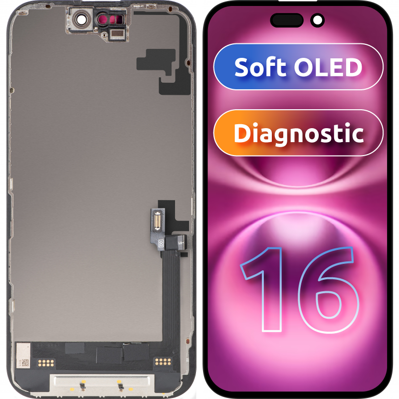 Display sa Touchscreen MP kompatibilan sa Apple iPhone 16, sa Ramom, Soft OLED FHD Diagnostic verzija, Crni