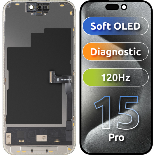 Display sa Touchscreen MP kompatibilan sa Apple iPhone 15 Pro, sa Ramom, Soft OLED FHD 120Hz Dijagnostička verzija, Crni