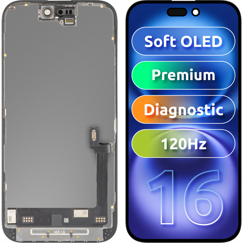Ekran sa Touchscreen MP kompatibilan sa Apple iPhone 16, sa Ramom, Premium Soft OLED FHD 120Hz Dijagnostika, Crna