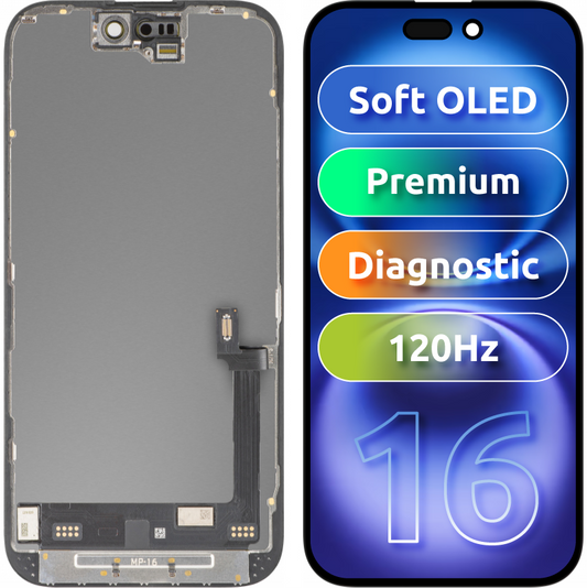 Ekran sa Touchscreen MP kompatibilan sa Apple iPhone 16, sa Ramom, Premium Soft OLED FHD 120Hz Dijagnostika, Crna