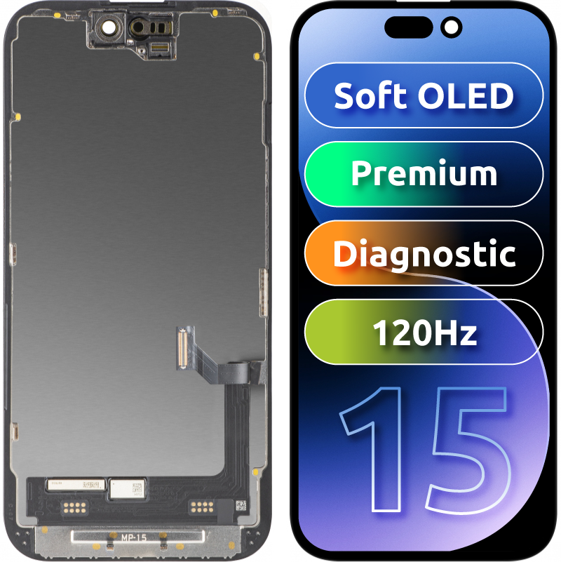 Ekran sa Touchscreen MP kompatibilan sa Apple iPhone 15, sa Ramom, Premium Soft OLED FHD 120Hz Dijagnostika Verzija, Crna