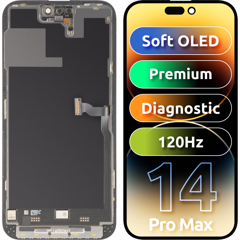 Ekran sa Touchscreen MP kompatibilan sa Apple iPhone 14 Pro Max, sa Ramom, Premium Soft OLED FHD 120Hz Dijagnostika Verzija, Crna