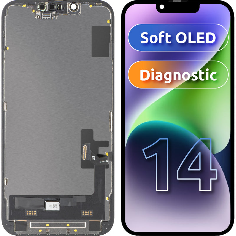 Display sa Touchscreen MP kompatibilan sa Apple iPhone 14, sa Ramom, Soft OLED FHD Diagnostic verzija, Crni