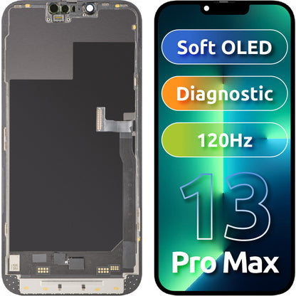 Display sa Touchscreen MP kompatibilan sa Apple iPhone 13 Pro Max, sa Ramom, Soft OLED 120Hz FHD Diagnostic verzija, Crni