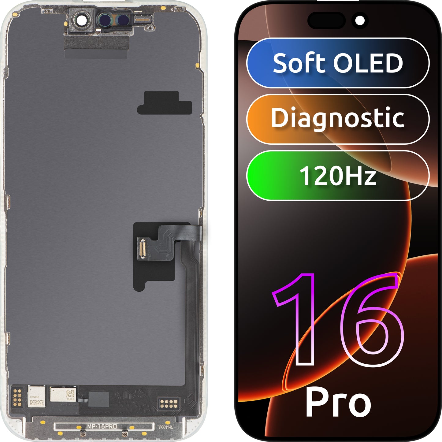 Ekran sa Touchscreen MP kompatibilan sa Apple iPhone 16 Pro, sa Ramom, Verzija Soft OLED FHD 120Hz Dijagnostika, Crna