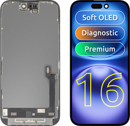 Ekran sa Touchscreen MP kompatibilan sa Apple iPhone 16, sa Ramom, Premium Soft OLED FHD Dijagnostička Verzija, Crna