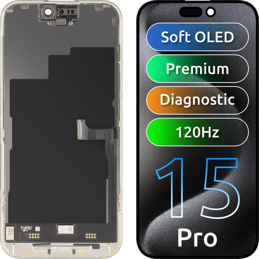 Ekran sa Touchscreen MP kompatibilan sa Apple iPhone 15 Pro, sa Ramom, Premium Soft OLED FHD 120Hz Dijagnostika Verzija, Crna