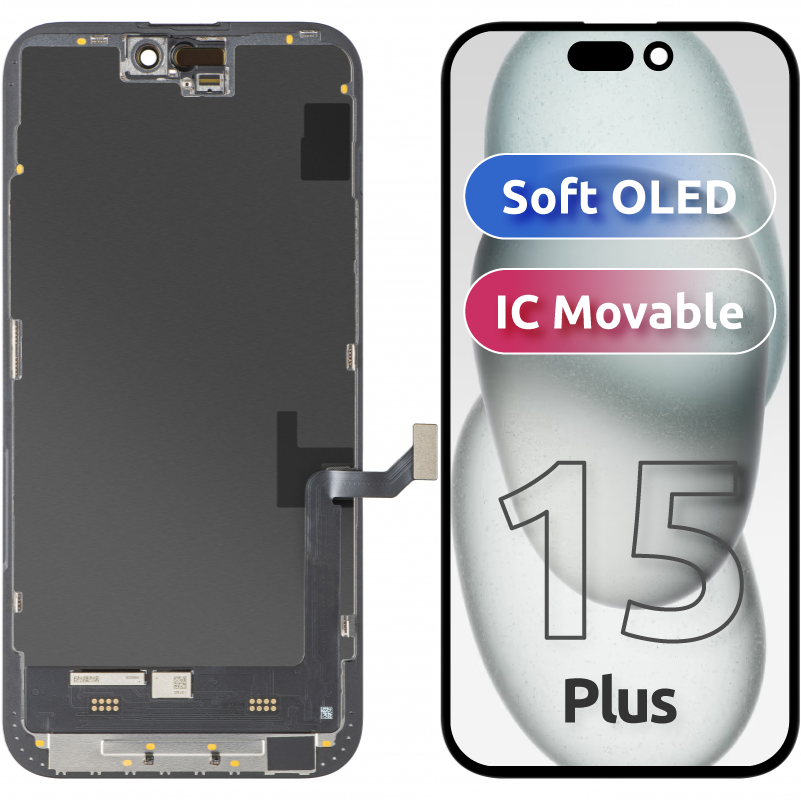 Display sa Touchscreen MP kompatibilan sa Apple iPhone 15 Plus, sa Ramom, Soft OLED FHD IC Movable verzija, Crni