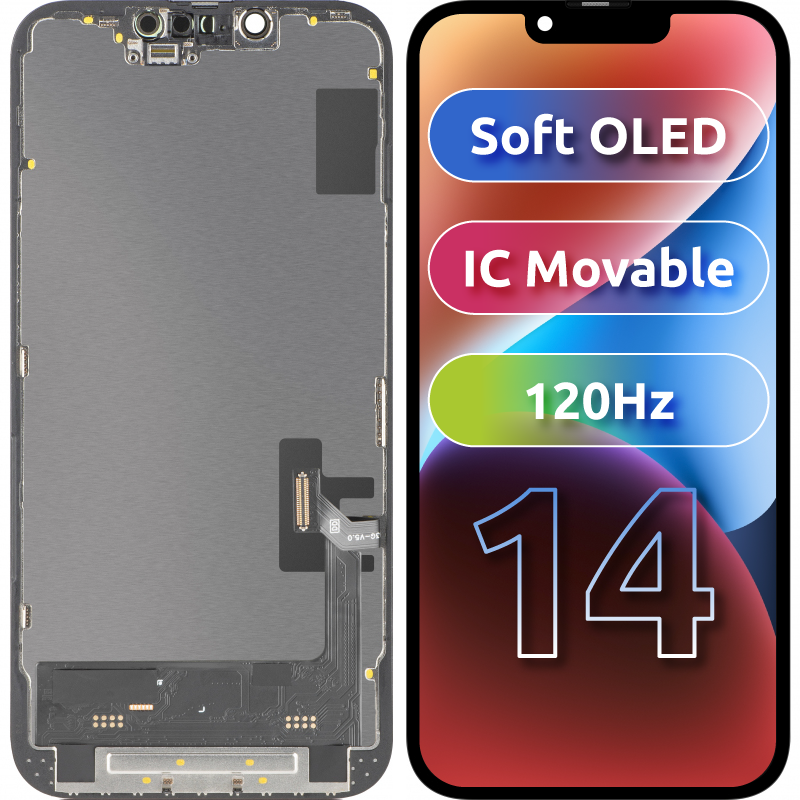 Display sa Touchscreen MP kompatibilan sa Apple iPhone 14, sa Ramom, Soft OLED FHD 120Hz IC Movable verzija, Crni