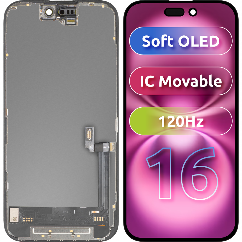 Display sa Touchscreen MP kompatibilan sa Apple iPhone 16, sa Ramom, Soft OLED FHD 120Hz IC Movable verzija, Crni