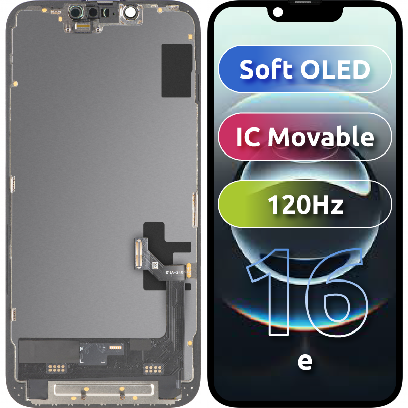 Ekran sa Touchscreen MP kompatibilan sa Apple iPhone 17e / 16e, sa Ramom, Verzija Soft OLED FHD 120Hz IC Movable, Crna
