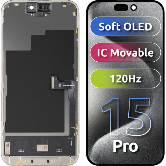 Display sa Touchscreen MP kompatibilan sa Apple iPhone 15 Pro, sa Ramom, Soft OLED IC Movable 120Hz FHD verzija, Crni