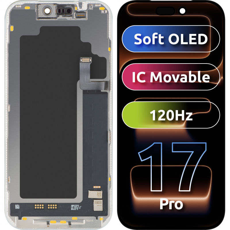 Ekran sa Touchscreen MP kompatibilan sa Apple iPhone 17 Pro, sa Ramom, Verzija Soft OLED FHD 120Hz IC Movable, Crna