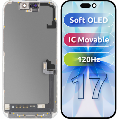 Ekran sa Touchscreen MP kompatibilan sa Apple iPhone 17, sa Ramom, Verzija Soft OLED FHD 120Hz IC Movable, Crna