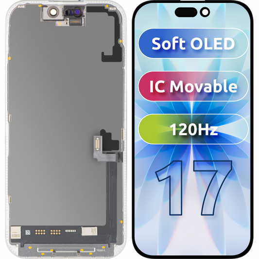 Ekran sa Touchscreen MP kompatibilan sa Apple iPhone 17, sa Ramom, Verzija Soft OLED FHD 120Hz IC Movable, Crna