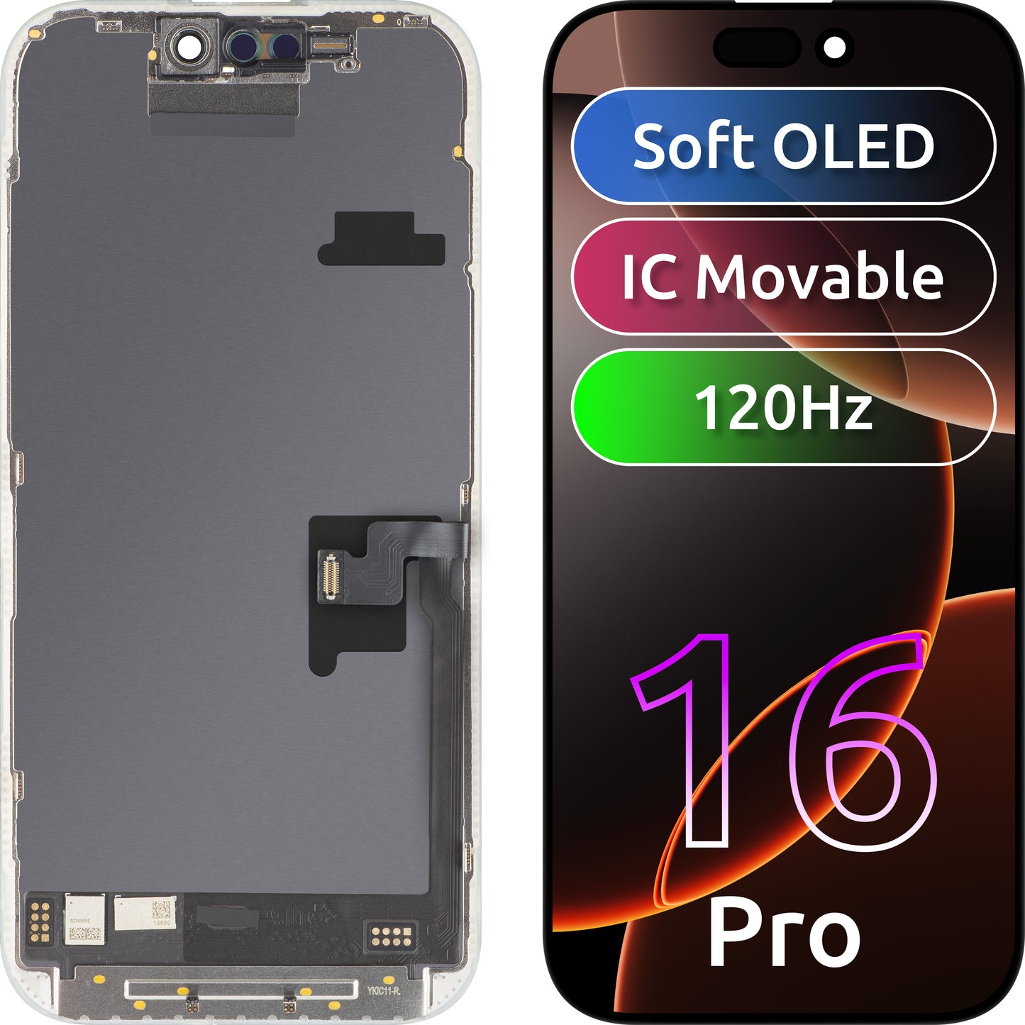 Display sa Touchscreen MP kompatibilan sa Apple iPhone 16 Pro, sa Ramom, Soft OLED FHD 120Hz IC Movable verzija, Crni