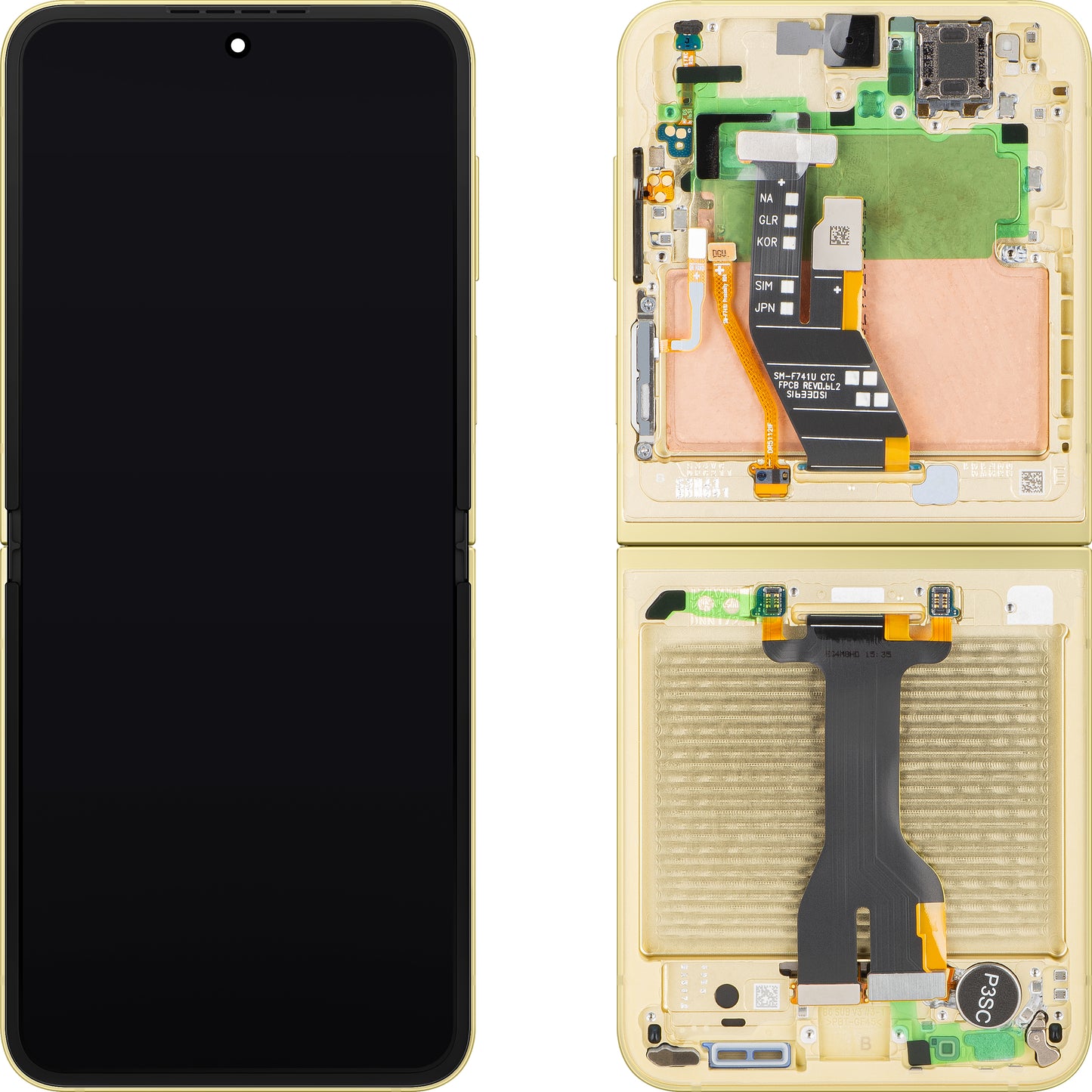 Display sa ekranom osetljivim na dodir Samsung Galaxy Z Flip6 F741, sa ramom, unutrašnji deo, žuta boja, servisni paket GH82-35014B