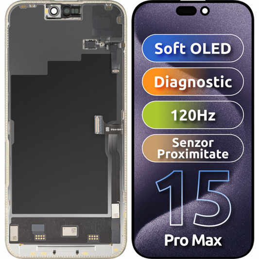 Ekran sa Touchscreen-om i Senzorom Blizine MP kompatibilan sa Apple iPhone 15 Pro Max, sa Ramom, Verzija Soft OLED FHD 120Hz Dijagnostika, Crna