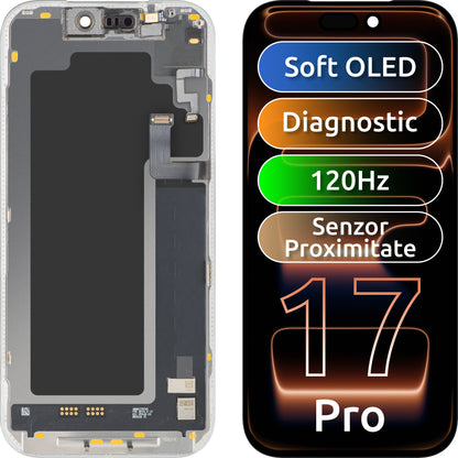 Ekran sa Touchscreen-om i Senzorom Blizine Svetlosti MP kompatibilan sa Apple iPhone 17 Pro, sa Ramom, Verzija Soft OLED FHD 120Hz Dijagnostika, Crna