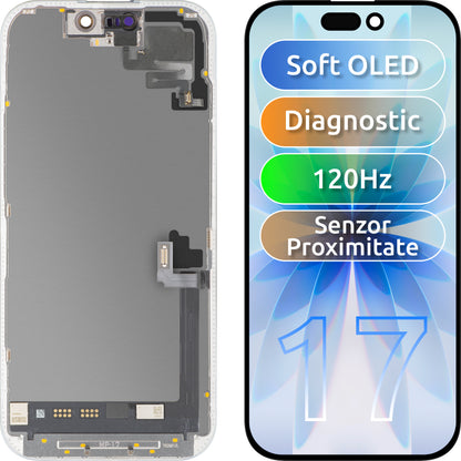 Ekran sa Touchscreen-om i Senzorom Blizine MP kompatibilan sa Apple iPhone 17, sa Ramom, Verzija Soft OLED FHD 120Hz Dijagnostika, Crna