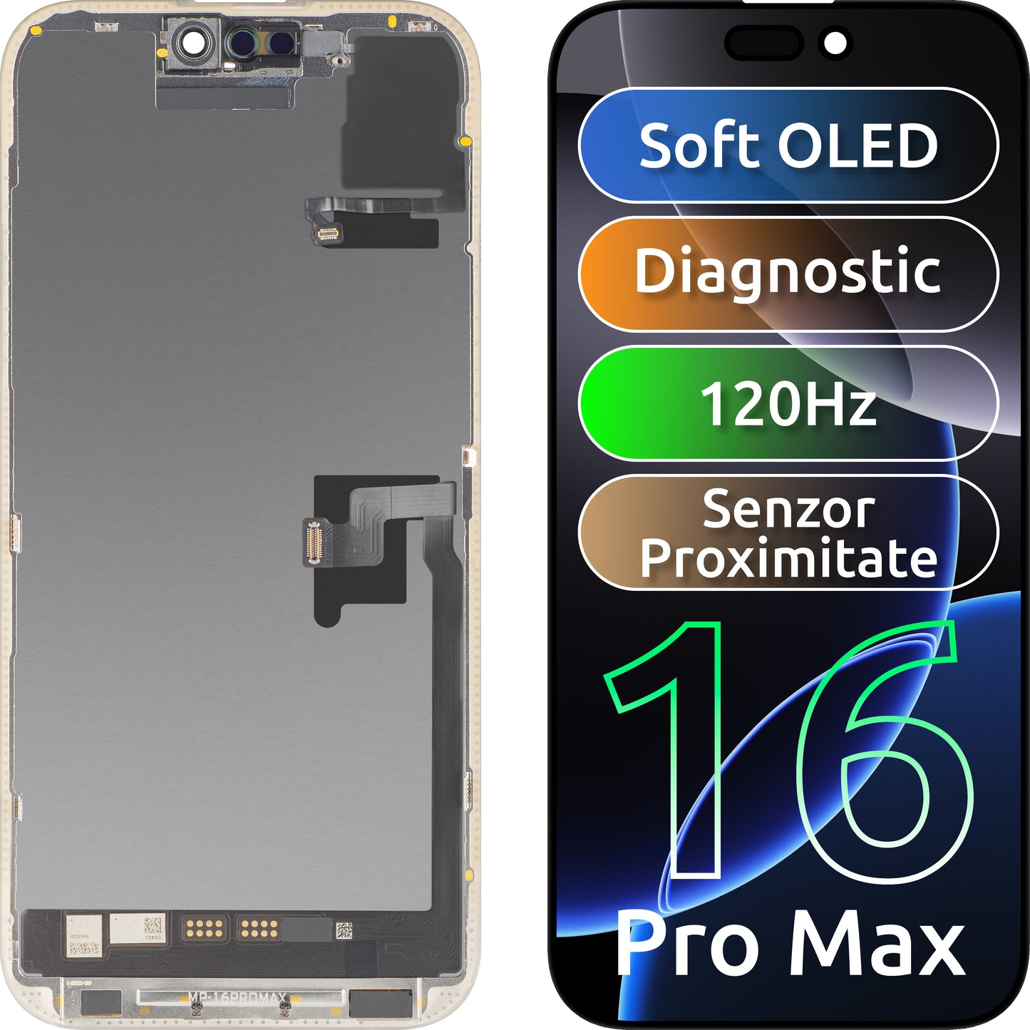 Display sa ekranom osetljivim na dodir i senzorom blizine MP kompatibilan sa Apple iPhone 16 Pro Max, sa ramom, Soft OLED FHD 120Hz Dijagnostička verzija, Crna