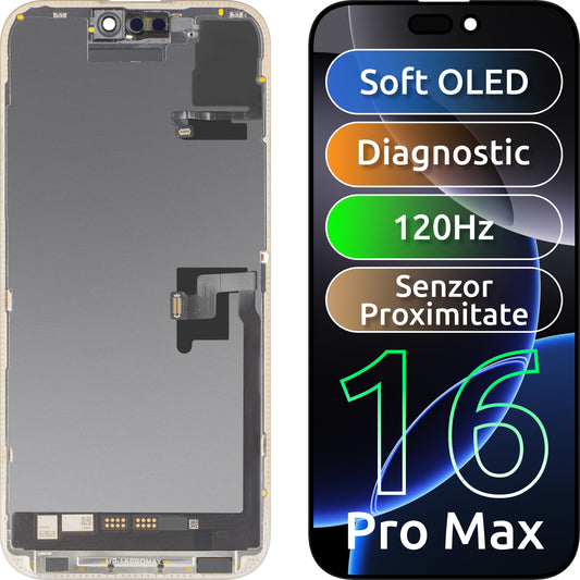Display sa ekranom osetljivim na dodir i senzorom blizine MP kompatibilan sa Apple iPhone 16 Pro Max, sa ramom, Soft OLED FHD 120Hz Dijagnostička verzija, Crna