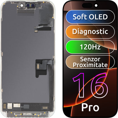 Ekran sa Touchscreen-om i Senzorom Blizine Svetlosti MP kompatibilan sa Apple iPhone 16 Pro, sa Ramom, Verzija Soft OLED FHD 120Hz Dijagnostika, Crna