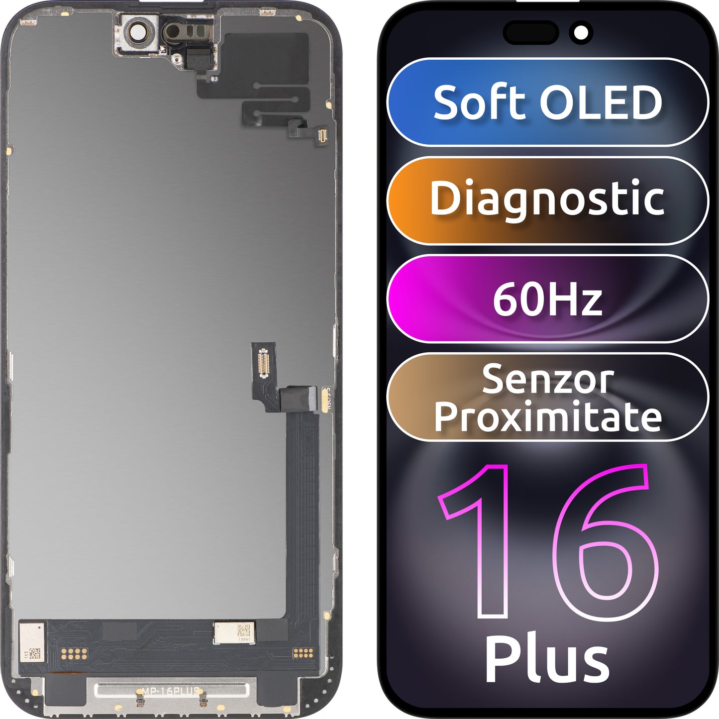 Ekran sa Touchscreen-om i Senzorom Blizine MP kompatibilan sa Apple iPhone 16 Plus, sa Ramom, Verzija Soft OLED FHD Dijagnostika, Crna