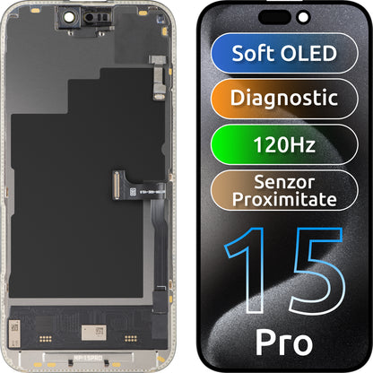 Ekran sa Touchscreen-om i Senzorom Blizine MP kompatibilan sa Apple iPhone 15 Pro, sa Ramom, Verzija Soft OLED FHD 120Hz Dijagnostika, Crna
