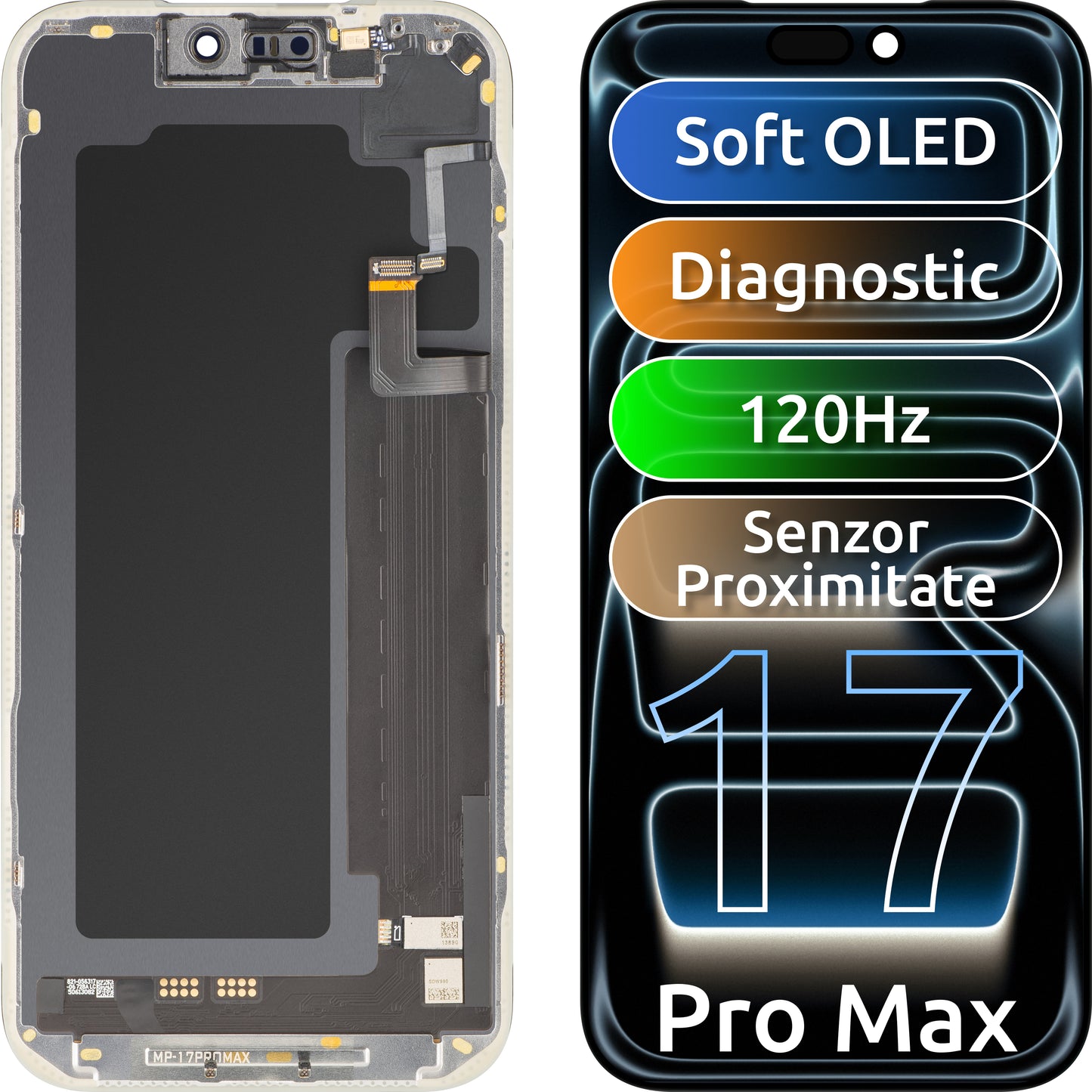 Ekran sa Touchscreen-om i Senzorom Blizine Svetlosti MP kompatibilan sa Apple iPhone 17 Pro Max, sa Ramom, Verzija Soft OLED FHD 120Hz Dijagnostika, Crna