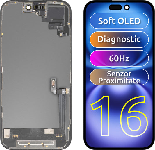 Ekran sa Touchscreen-om i Senzorom Blizine MP kompatibilan sa Apple iPhone 16, sa Ramom, Verzija Soft OLED FHD Dijagnostika, Crna