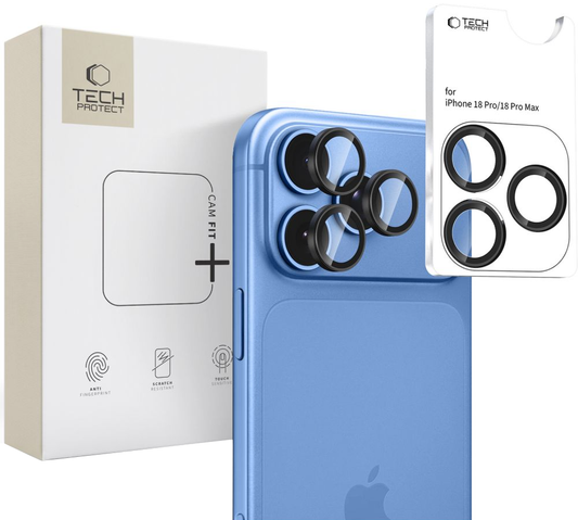 Zaštitna folija za zadnju kameru Tech-Protect CamRing Fit+ za Apple iPhone 18 Pro / 18 Pro Max, Kaljeno staklo, Crna