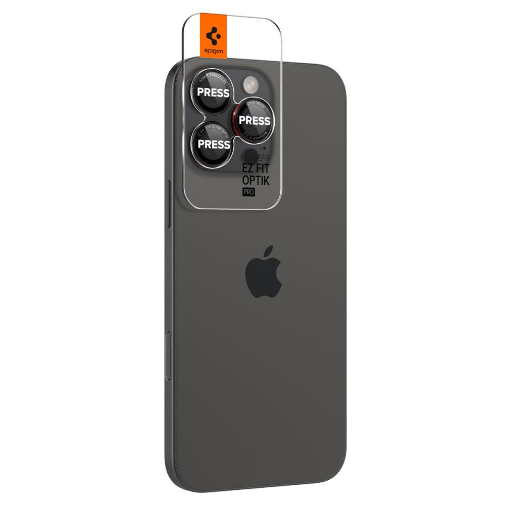 Folija za zaštitu zadnje kamere Spigen EZ FIT za Apple iPhone 16 Pro Max / 16 Pro / 15 Pro Max, Kaljeno staklo, Set od 2 komada, Crna AGL05217